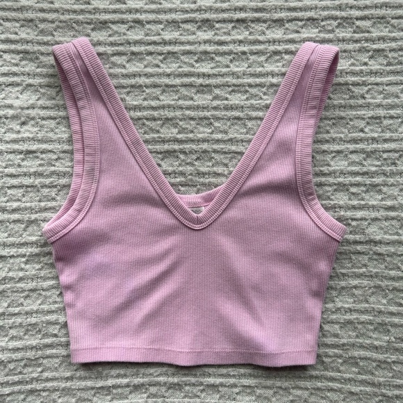Pink Ribbed V-Neck Crop Top - Picture 1 of 6